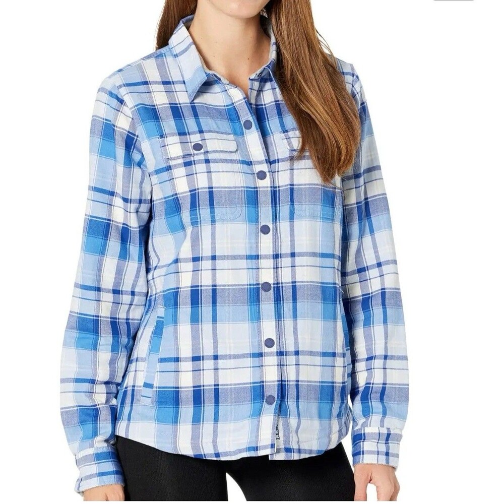 L.L.Bean Woman Blue Plaid Fleece Lined Flannel Shirt Jacket Snap‎ Front Size XL